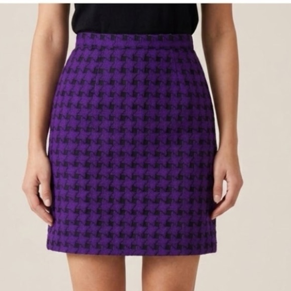 Vintage 60s Purple Black Houndstooth Star Print Wool Mini Pencil Skirt 6